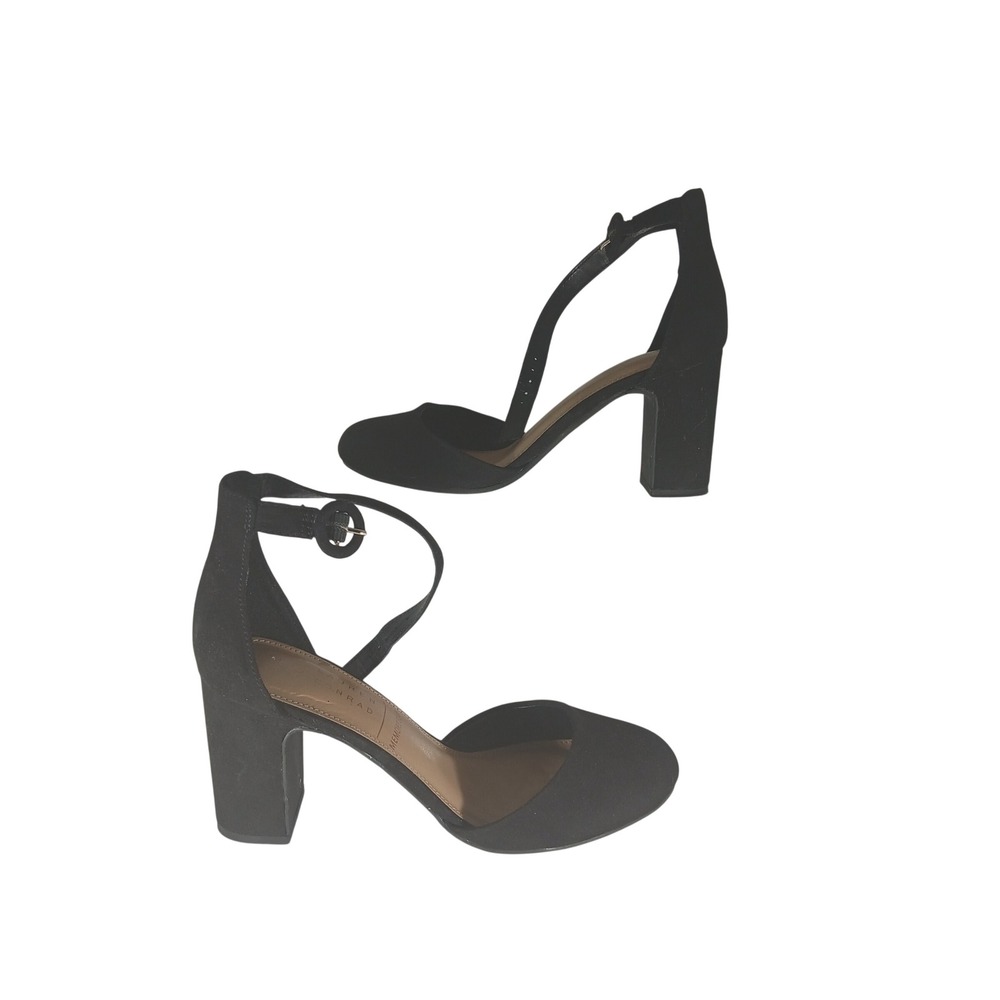 LC Lauren Conrad Block Heel Pumps 8 Black Ankle Strap Memory Foam Round Toe